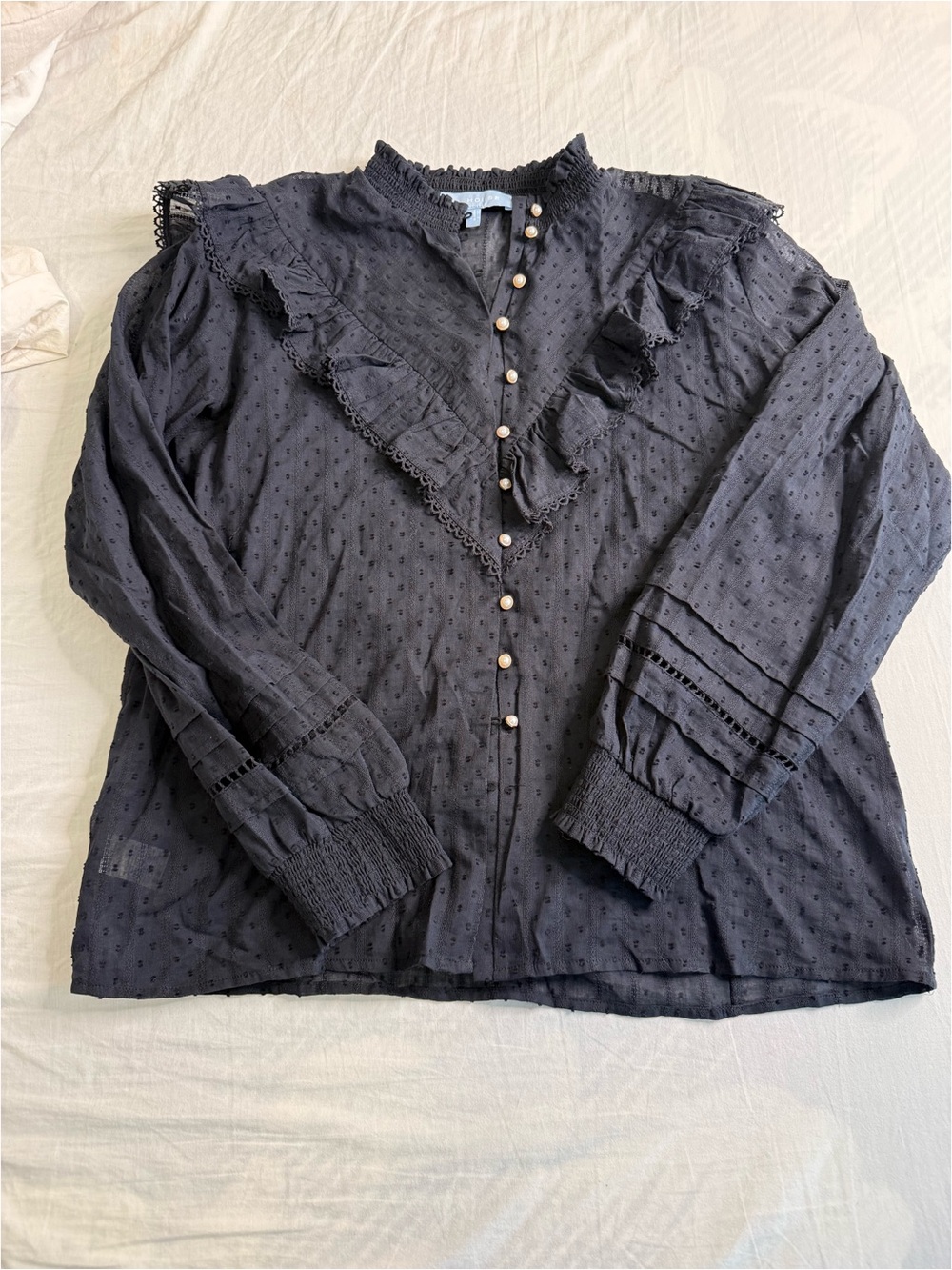 Black Ruffle Button-Front Women's Blouse - Picture 1 of 5